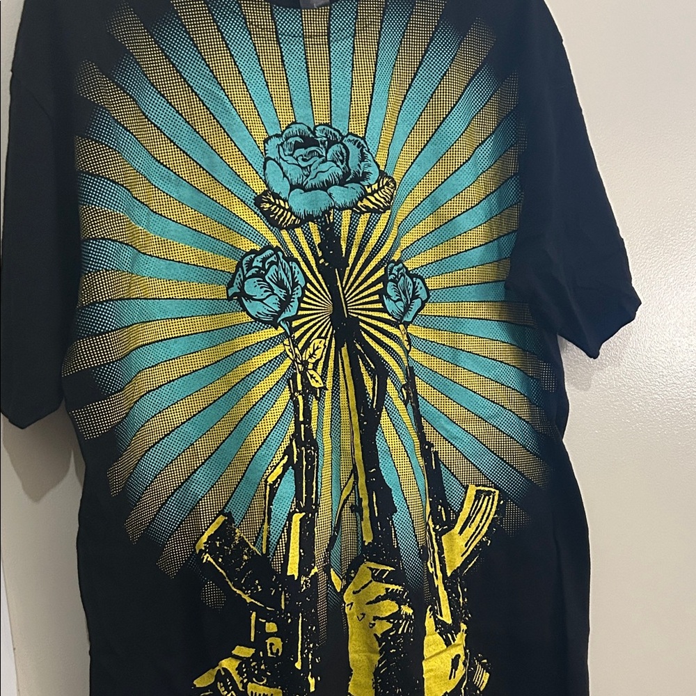 Obey Black Tee with Blue and Yellow Floral Graphic